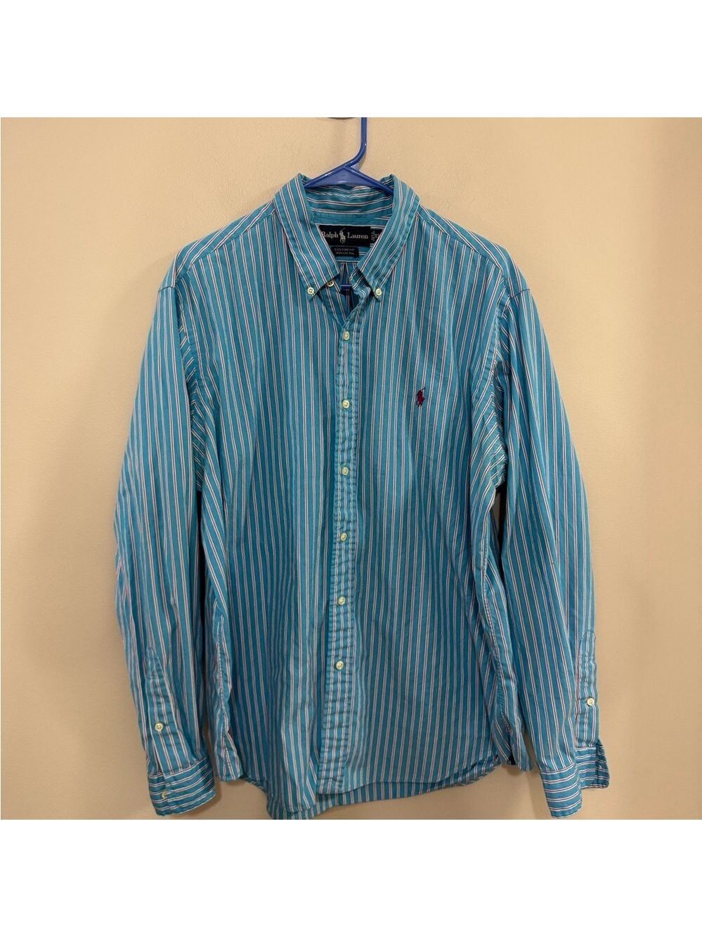Ralph Lauren Blue Pinstriped Casual Custom Fit Button Down Shirt. Size XL